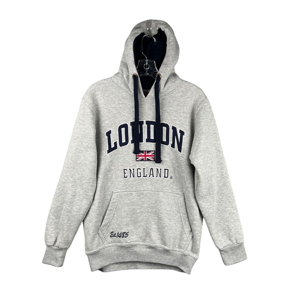 London England Graphic Hoodie Sweatshirt Gray Union Jack Flag Mens Size S